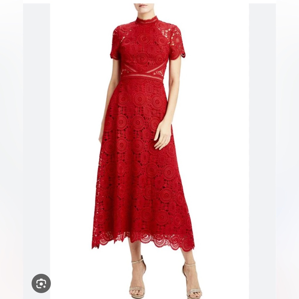 Monique Lhuillier Scarlet Lace Midi Dress